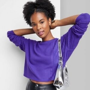 Wild Fable Mixed Texture Ribbed Waffle Knit Cropped Top Long Sleeve Sweater XS